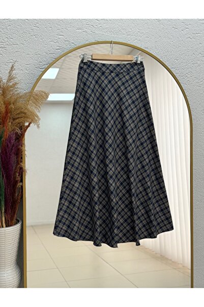 MİHRA STORE Eyşan Ekose Yün Etek-SA4150 Haki