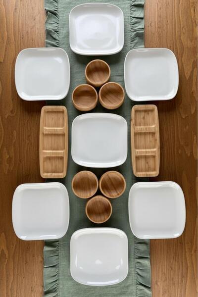 Atbyhome Oria 6 Kişilik 15 Parça Doğal Bambu - Seramik Kahvaltı Takımı – Kahv...