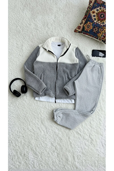 modasende Men's Color Block Mock Neck Plush Jacket and Sweatpants Combination...