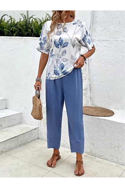 JustFab ✨Women’s Blue Two-Piece Set – Floral Print Top & Wide-Leg Pants✨