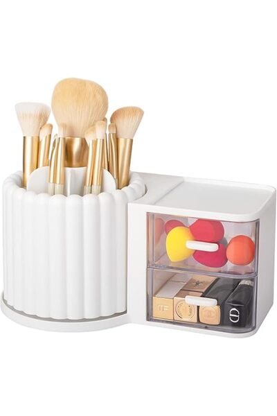 Arabest 360° Rotating Makeup Brush Holder Organizer, with Removable Drawer, for Desk Countertop (White)