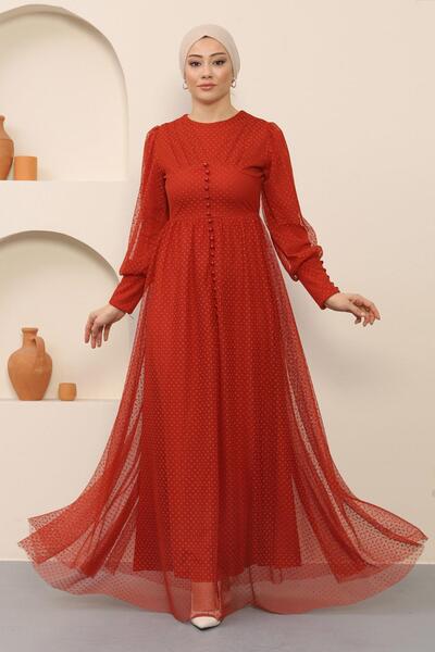 Missvalle Button Detailed Tulle Evening Dress Tile 12237