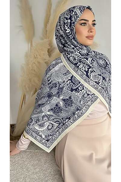 Püsküldükkan Etnik Desen Baskılı Pamuklu Soft Şal Ekru-Lacivert