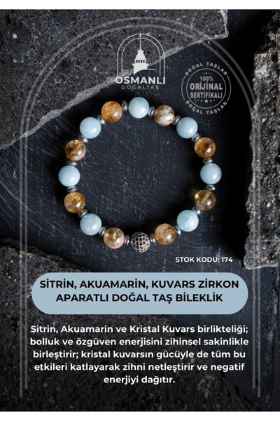 OSMANLI DOĞAL TAŞ Certified Citrine, Aquamarine, Quartz Zircon Apparatus Natural Stone Bracelet (Sk:174)