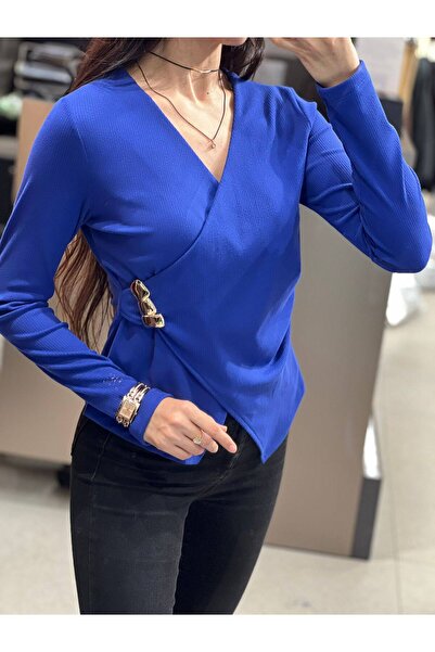 Kinzi بلوزة نسائية بياقة على شكل حرف V بأزرار على الجهتين بأكمام طويلة ومشبك ...