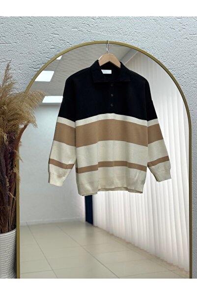 MİHRA STORE Elvan 3 Button Collared Striped Knitwear Sweater-Zi̇5265 Black