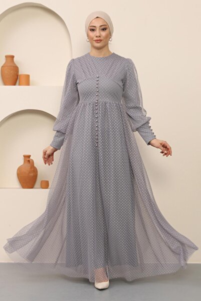 Missvalle Button Detailed Tulle Evening Dress Gray 12237