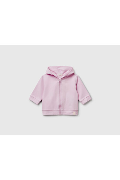 Benetton Bebek Pembe Logo Etiketli Fermuarlı Kulaklı Kapüşonlu Sweatshirt