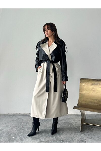 MAXXANA Шкіряний тренч з підкладкою та поясом