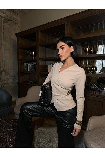 Kinzi بلوزة نسائية أنيقة غير رسمية بأكمام طويلة وياقة على شكل حرف V ومشبك جان...