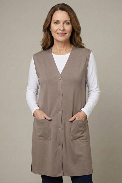 nacar çarşı Kadın Anne Vizon Düğmeli Cepli V Yaka Uzun Tunik İnce Penye Yelek