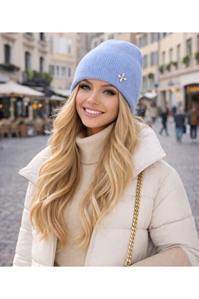 VelvetCharmStudio Gök Mavi Tüylü İpli Taşlı Düz Bere