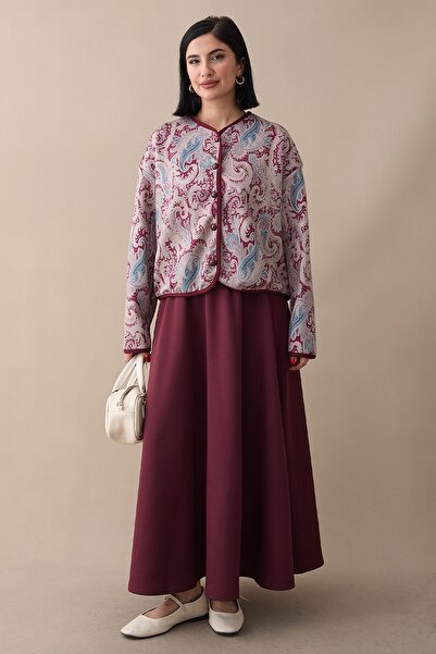 InStyle طقم سترة وتنورة بنمط الشال باللون العنابي