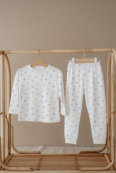 Messido Kız Bebek Çocuk Pijama Takımı Uzun Kollu Üst ve Alt Takım - Renkli Kalpler