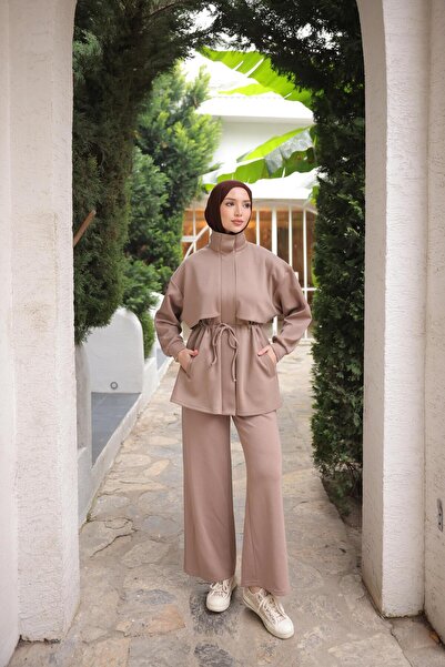 Bwest Boğazlı Belden Bağcıklı Şal Detaylı İkili Tesettür Eşofman Takımı - (38...