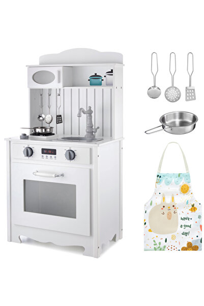 mamabrum Bucătărie albă din lemn cu șorț, accesorii și lampă LED