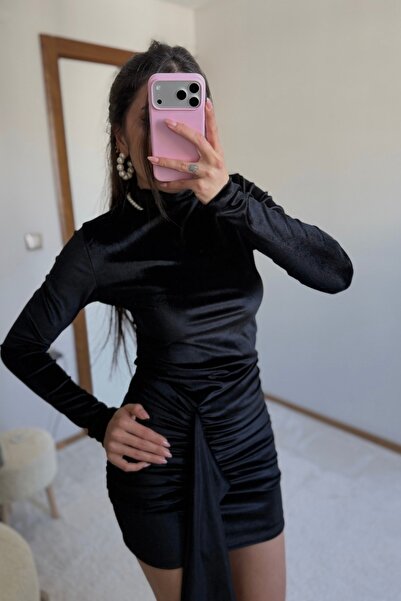 MoyStore Black Velvet Draped Long Sleeve Dress