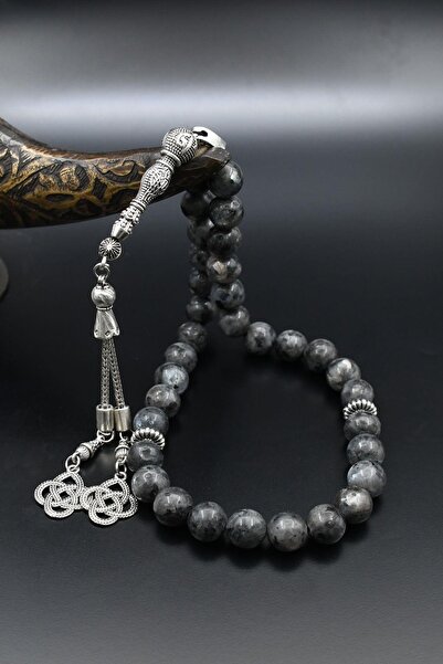 Prestige Natural Larvikite (Larvakite) Stone 33-Bead Prayer Beads with Metal Tassel 10mm Sphere Cut 902519