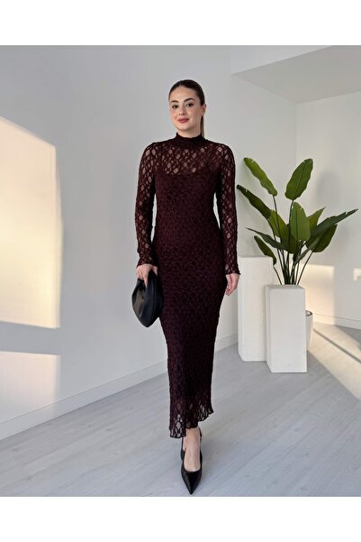 tiamoda Dik Yaka Astarlı Dantel Elbise