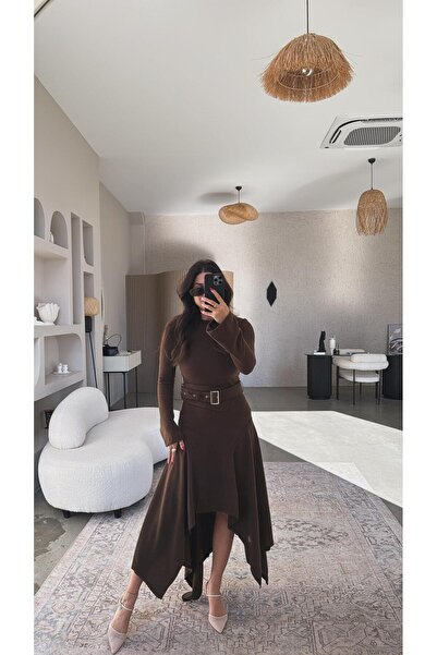 Buket Teke Καφέ Ασύμμετρο Πλεκτό Φόρεμα με Ζώνη