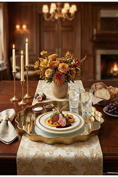 Yavuzhan Metal Gold Çerceveli Aynalı Dekorarif Söz,Nişan,Sunum Tepsisi (40cm)