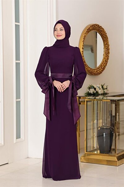 azratesettur Firuze Şifon Fiyonklu Kemerli Tesettür Abiye Mor