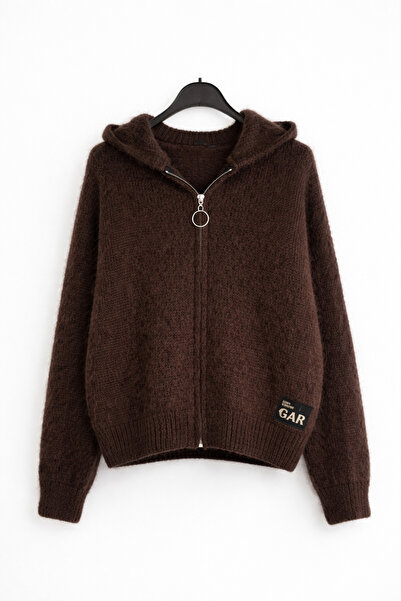 günay boutıque Brown Color Angora Textured Hooded Zippered Cardigan