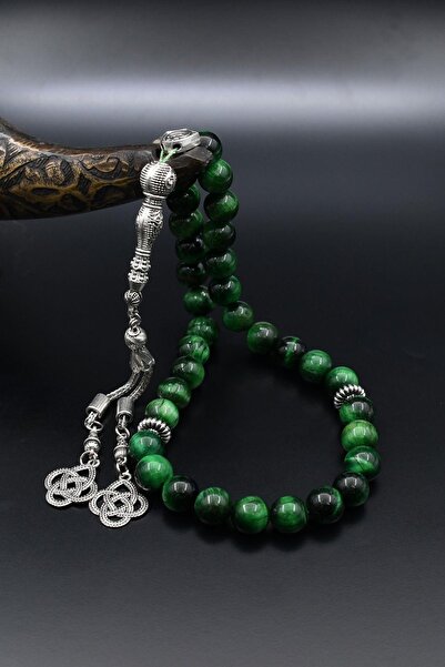Prestige Natural Green Tiger's Eye Stone 33 Beads Prayer Beads with Metal Tassel 10mm Sphere Cut 902515