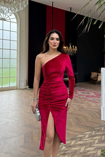 Sindimoda Nars Tek Kol Yırtmaçlı Kadife Elbise 582247