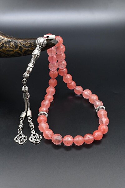 Prestige Φυσικός ροζ χαλαζίας πολύτιμος λίθος 33 χάντρες προσευχής με μεταλλική φούντα 10mm Sphere Cut 902512