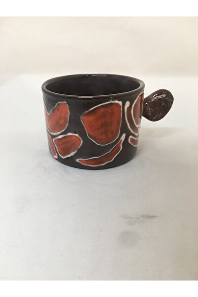 seramikanaz Handmade Ceramic Orange Colored Abstract Patterned Brown Coffee Cup