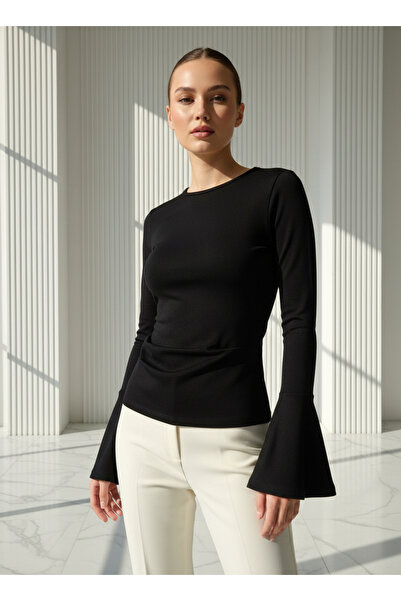 Sagre&Sisters İspanyol Kol Beli Pile Detaylı Uzun Kollu Siyah Bluz