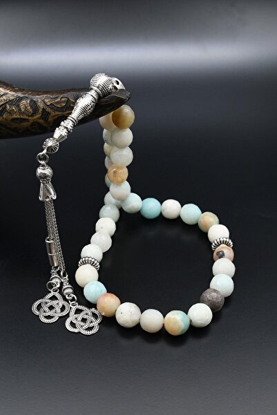 Prestige Προσφορές 33 χάντρες προσευχής από φυσική πέτρα αμαζονίτη με μεταλλική φούντα 10mm Sphere Cut 902517