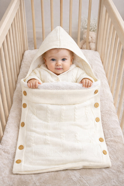 Yesda Bebe Bebek Kapüşonlu Elyaf Dolgulu Triko Tulum – Düğmeli, Sıcak Tutan, Kışlık Bebek Uyku Tulumu