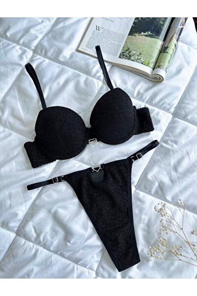 ARONA Siyah Parlak Dokulu Kalp Aksesuarlı Push-Up Sütyen & String Takımı