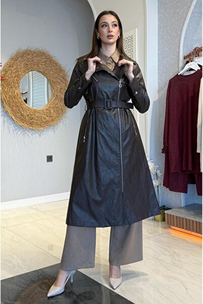 Doque Deri Kemerli Uzun Ceket Kap - Kahve