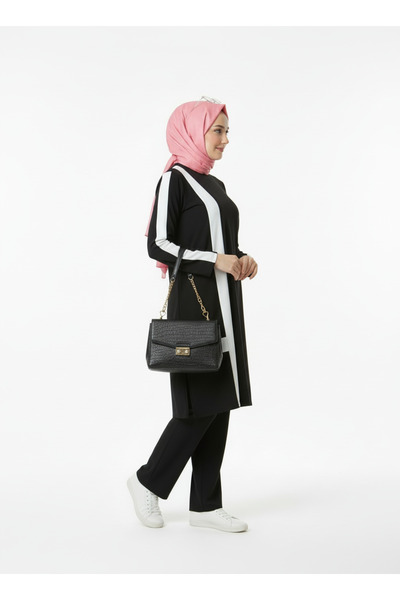 Viane Women's White Stripe Crepe Knitted Double Bottom Top Set Pants and Tunic