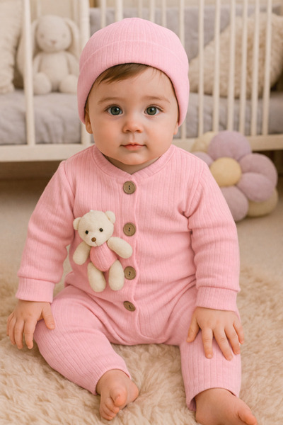 MBK GARDEN طقم رومبير وقبعة للأطفال مكون من قطعتين مع دمية دب قطيفة - ناعمة و...