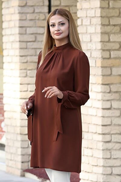 azratesettur Esila Double Krep Kumaş Tunik - Kahverengi