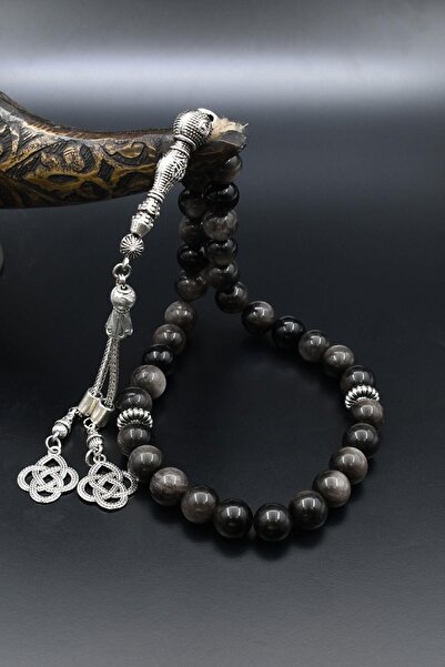 Prestige Natural Obsidian Stone 33 Beads Prayer Beads with Metal Tassel 10mm Sphere Cut 902513