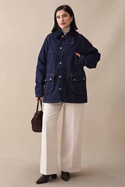 InStyle Paneled Dark Blue Denim Jacket with Plaid Detail