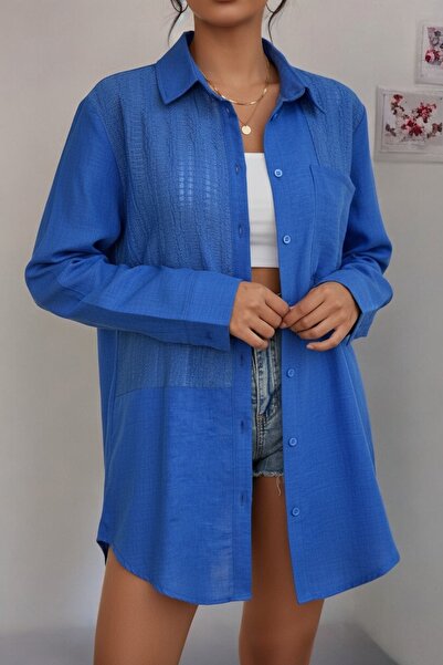 NEWCO قميص أساسي طويل بأزرار وتفاصيل مخرمة