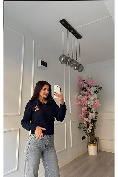 Daves Navy Blue Teddy Bear Embroidered Patterned Knit Sweater