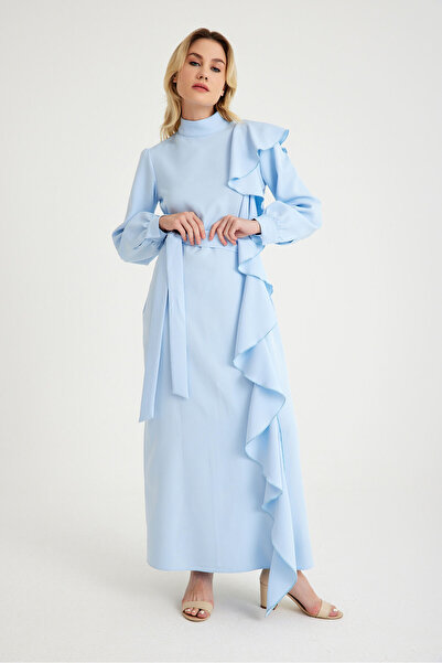 AL-TATARI Hera Flounce Detailed Crepe Blue Evening Dress