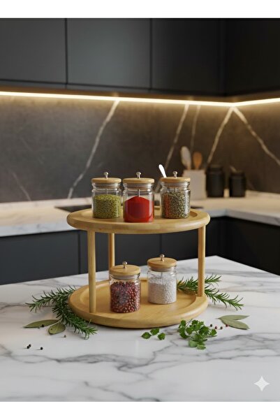 Tiran İki Katlı Yuvarlak Lüx 360° Döner Tablalı Ahşap Bambu Sunum Tepsisi-Düz...