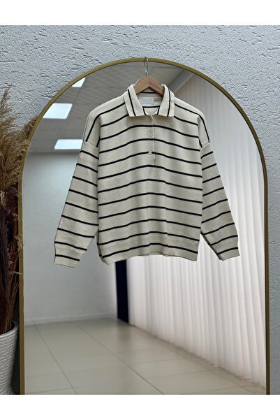 BENAHOLL Tricotaj cu dungi subțiri cu 3 nasturi Emsal-Zİ5264 Stone