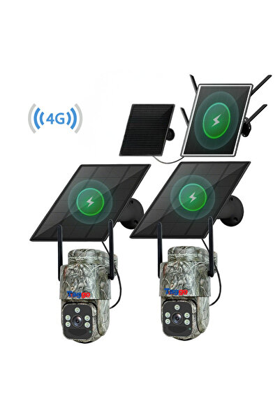 Taggo Sistem cu 2 camere de supraveghere cu panou solar 4G + router cu panou solar 4G, 4 MP, auto tracking