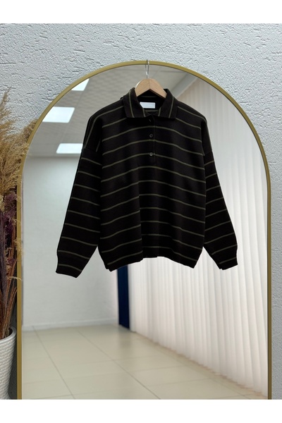 BENAHOLL Emsal 3 Button Pinstripe Knit Sweater-Zi̇5264 Dark Brown