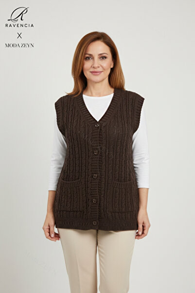 Ravencia Women's V-Neck Thick Wool Hair Knitted Knitwear Buttoned Pocket Mother Vest