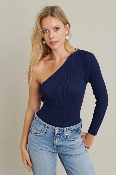 Be Best Women's Navy Blue One Shoulder Knit Blouse Be276